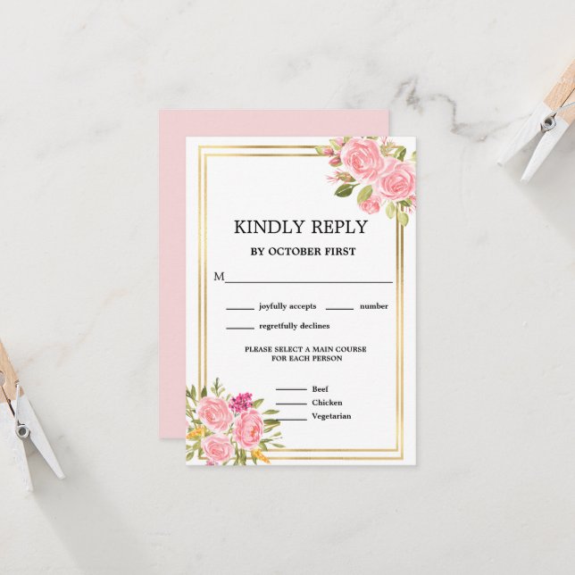 Pink Coral Floral Meal Options RSVP Invitation (Front/Back In Situ)