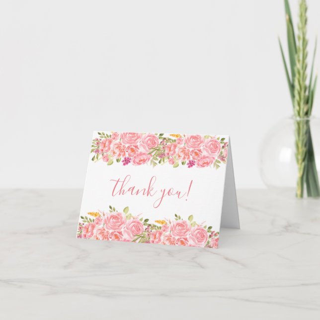 Pink Coral Floral Roses Folded Thank You Card (Front)