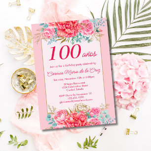 Pink Coral Florals Spanish 100th Birthday Party Invitation
