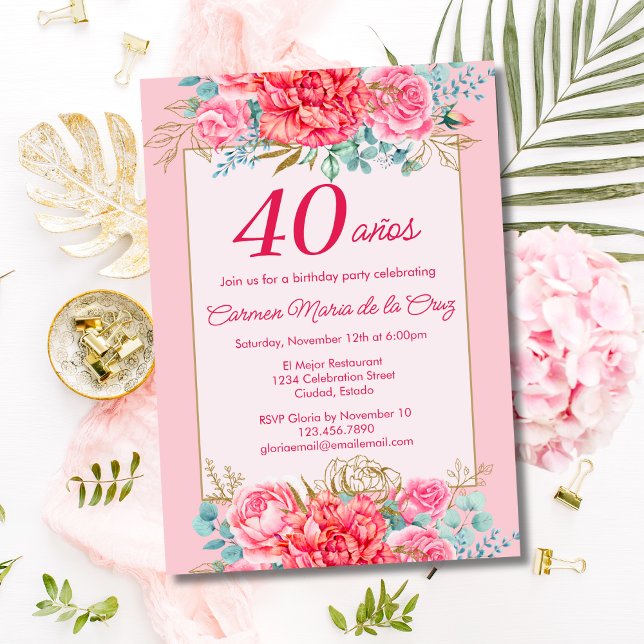 Pink Coral Florals Spanish 40th Birthday Party Invitation (Creator Uploaded)