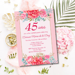 Pink Coral Florals Spanish 45th Birthday Party Invitation
