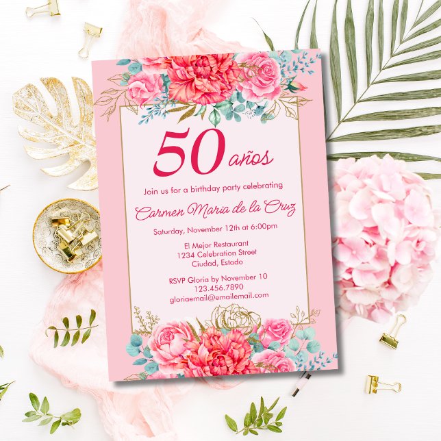 Pink Coral Florals Spanish 50th Birthday Party Invitation (Creator Uploaded)