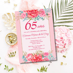 Pink Coral Florals Spanish 65th Birthday Party Invitation