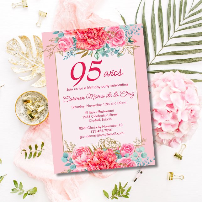 Pink Coral Florals Spanish 95th Birthday Party Invitation (Creator Uploaded)