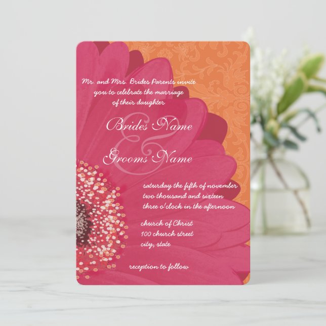 Pink Coral Gerber Daisy Wedding Invitation (Standing Front)