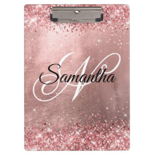 Pink Coral Glitter Fancy Monogram Rose Gold Foil Clipboard