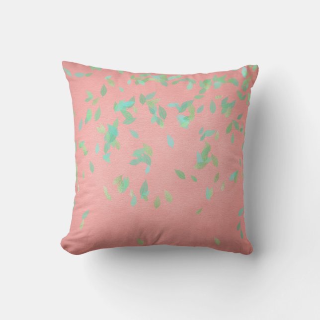 Pink Coral Gold Leafs Mint Green Pastel Cushion (Front)