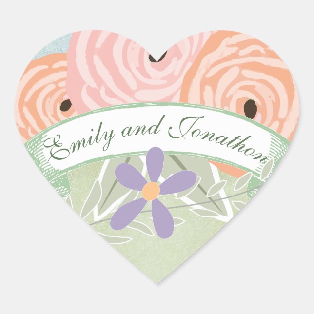 Pink Coral Green and Lavender Floral Wedding Seal (Front)