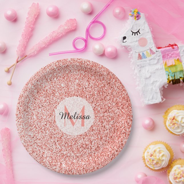 Pink coral light pastel sparkles bling Monogram Paper Plate (Party)