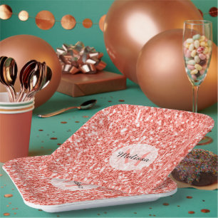 Pink coral light pastel sparkles bling Monogram Paper Plate