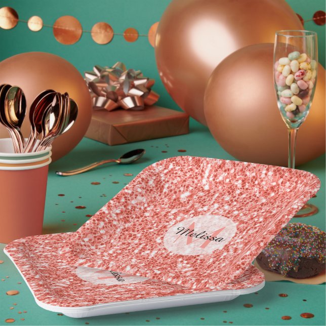 Pink coral light pastel sparkles bling Monogram Paper Plate (Multi)