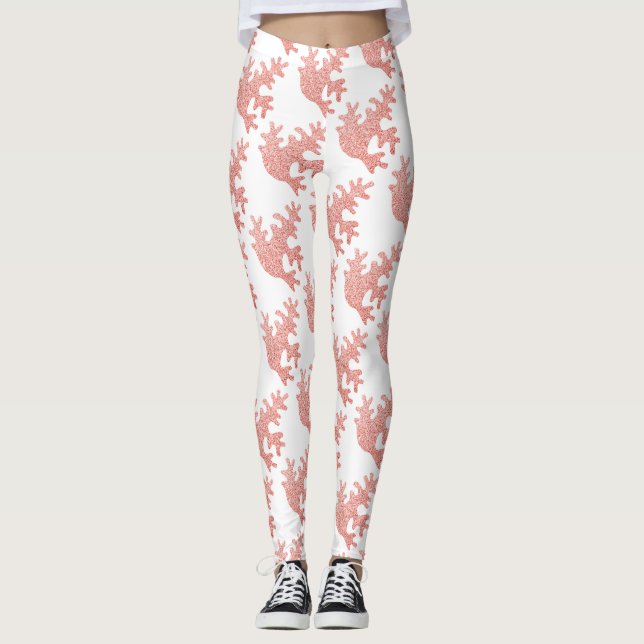 Pink coral light pastel sparkles white pattern leggings (Front)
