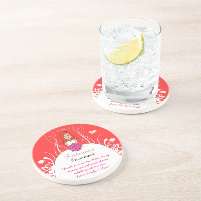 Pink Coral Long Red Head Bridesmaid Gown Coaster (Side)