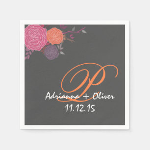 Pink Coral Mauve Flowers Wedding Monogram Grey Napkin