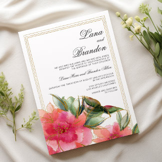 Pink coral mint white gold glitter floral wedding invitation