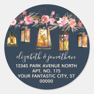Pink Coral Peonies Lantern Navy Return Address Classic Round Sticker