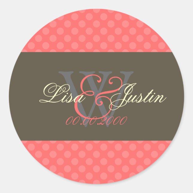 Pink Coral Polka Dots monogram DIY colours Classic Round Sticker (Front)
