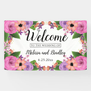 Pink Coral Purple Summer Floral Wedding Welcome Banner