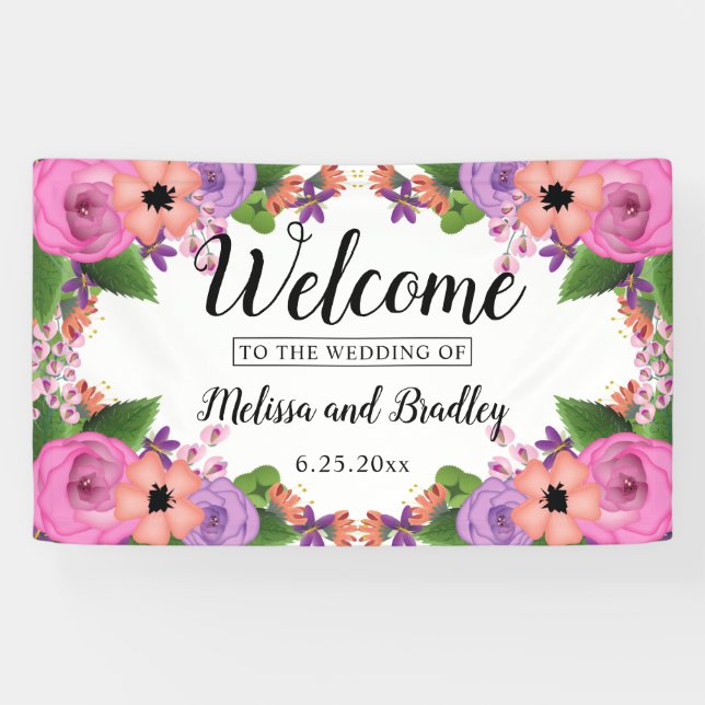 Pink Coral Purple Summer Floral Wedding Welcome Banner (Horizontal)