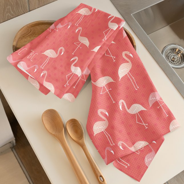 Pink Coral Red Flamingo Pattern Personalized Tea Towel (Creator Uploaded)