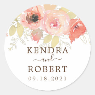 Pink Coral Rose and Gold Leaves Floral Wedding  Classic Round Sticker