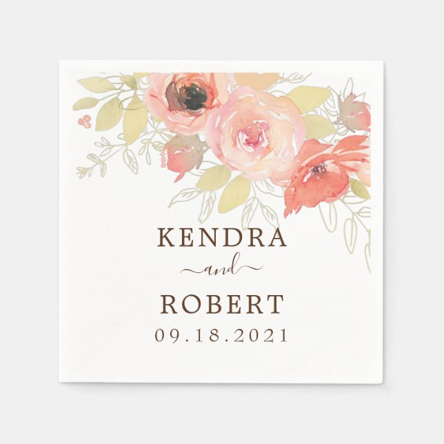 Pink Coral Rose Gold Leaves Floral Wedding Shower Napkin (Front)