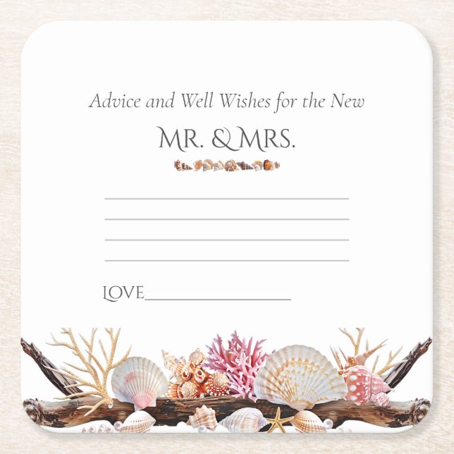  Pink Coral Seashells Pearls Starfish Driftwood   Square Paper Coaster (Front)