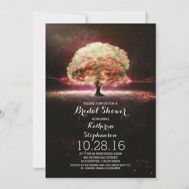 pink coral string lights tree bridal shower invite (Front)