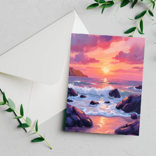 Pink Coral Sunset   Ocean Waves Watercolor Card