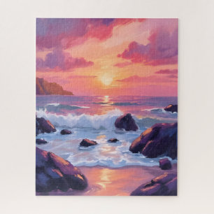 Pink Coral Sunset   Ocean Waves Watercolor Jigsaw Puzzle
