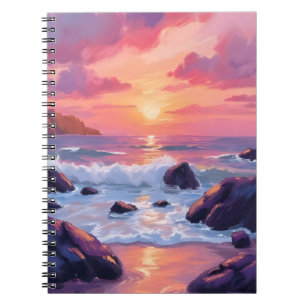 Pink Coral Sunset   Ocean Waves Watercolor Notebook