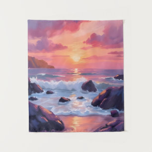 Pink Coral Sunset Ocean Waves Watercolor Tapestry