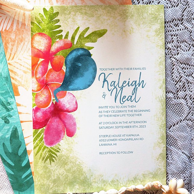 Pink, Coral, Tropical Teal Wedding Invitation (Wedding Invite w/Coral,  Pink Plumeria Flowers w/ Tropical Teal Calla Lily and Green Island Leaves)