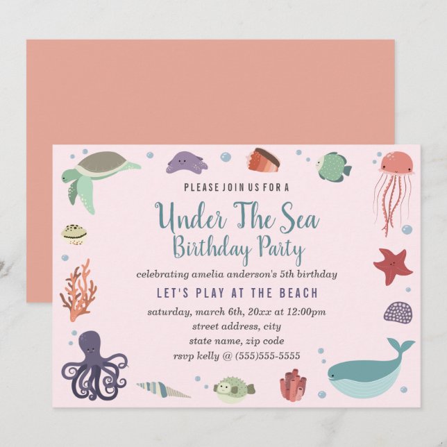 Pink Coral Under The Sea Kids Birthday Invitation (Front/Back)