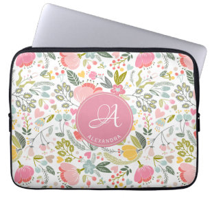 Pink Coral Watercolor Floral Pattern Monogram Name Laptop Sleeve