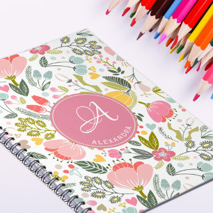 Pink Coral Watercolor Floral Pattern Monogram Name Notebook
