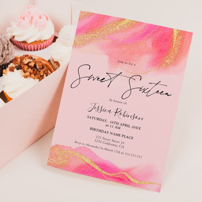 Pink coral watercolor gold glitter photo Sweet 16 Invitation (Creator Uploaded)