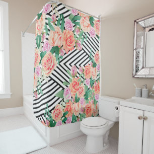 Pink coral watercolor roses black white stripe shower curtain