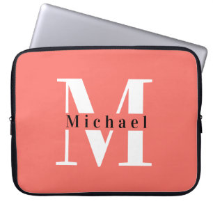 Pink Coral & White Custom Monogram Laptop Sleeve