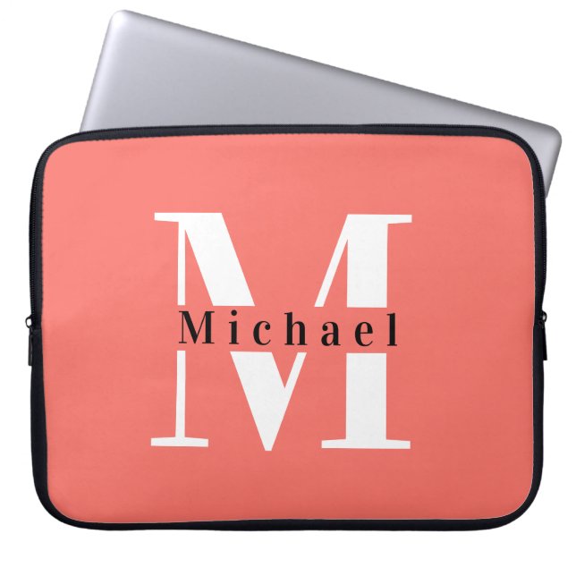 Pink Coral & White Custom Monogram Laptop Sleeve (Front)