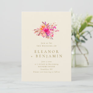 Pink Coral Wildflower Watercolor Ivory Wedding Invitation