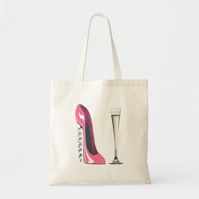 Pink Corkscrew Stiletto Shoe and Champagne Flute Tote Bag (Front)