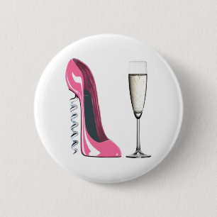 Pink Corkscrew Stiletto Shoe and Champagne Glass 6 Cm Round Badge