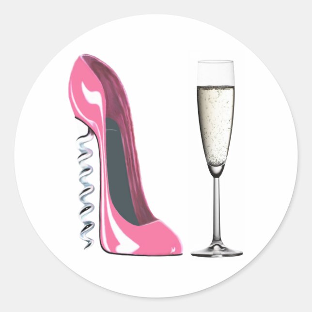 Pink Corkscrew Stiletto Shoe and Champagne Glass Classic Round Sticker (Front)