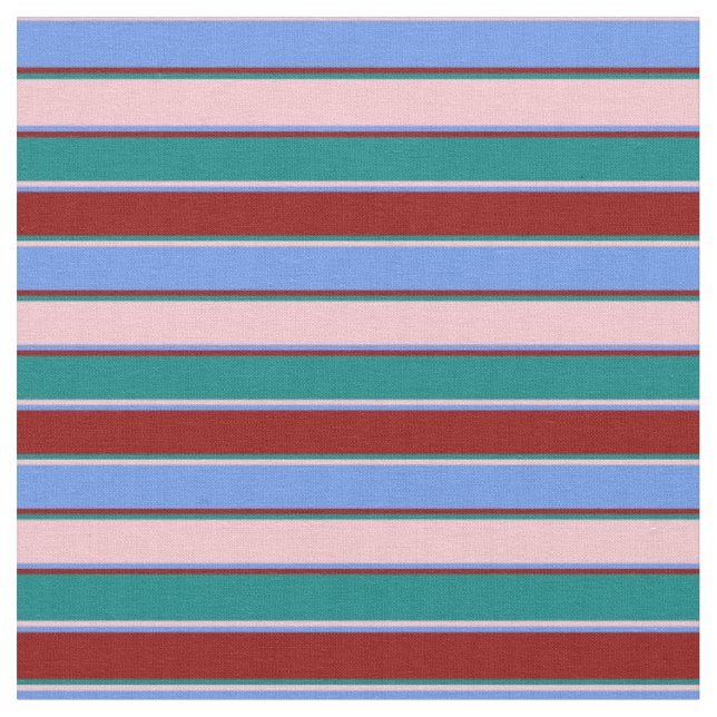 Pink, Cornflower Blue, Dark Red & Teal Stripes Fabric (Close Up)