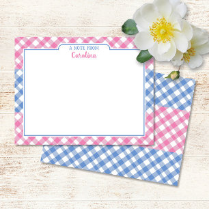 Pink & Cornflower Blue Preppy Gingham Stationery Card