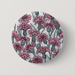 Pink cornflowers, wild flowers on white 6 cm round badge
