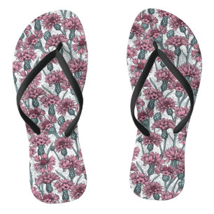 Pink cornflowers, wild flowers on white flip flops