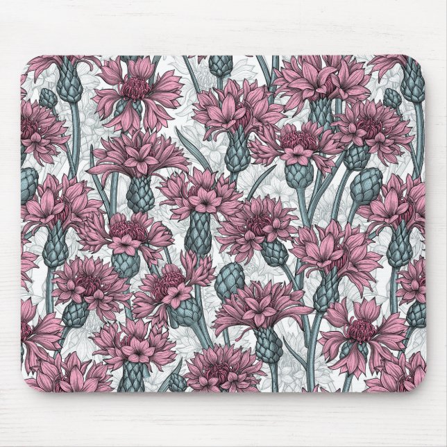 Pink cornflowers, wild flowers on white mouse mat (Front)