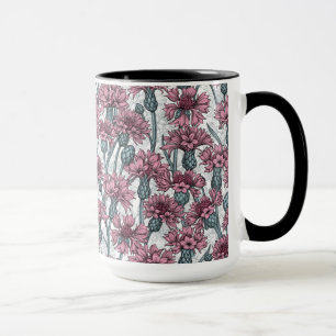 Pink cornflowers, wild flowers on white mug